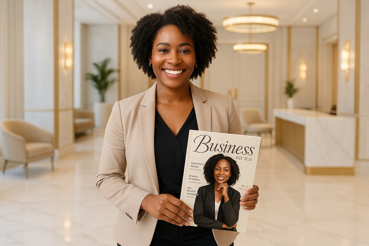 Black woman standing dressed in business causal clothing in an elegant white and gold office lobby smiling and happy. Display the black woman holding a magazine titled "Business with TCB" with a black woman on the cover. Make the cover elegant and appealing to women.