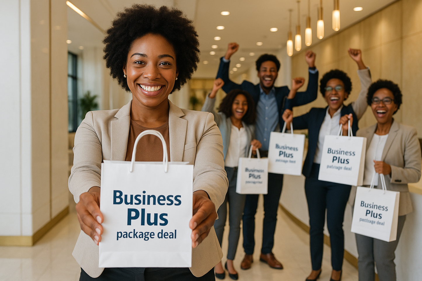 Black woman standing in business casual clothing in an white in gold business lobby smiling and happy holding a bag that says "Business Plus package deal" with her arms stretch out in front her offering the bag. In the background display a celebration and happy black clients holding similar bags.