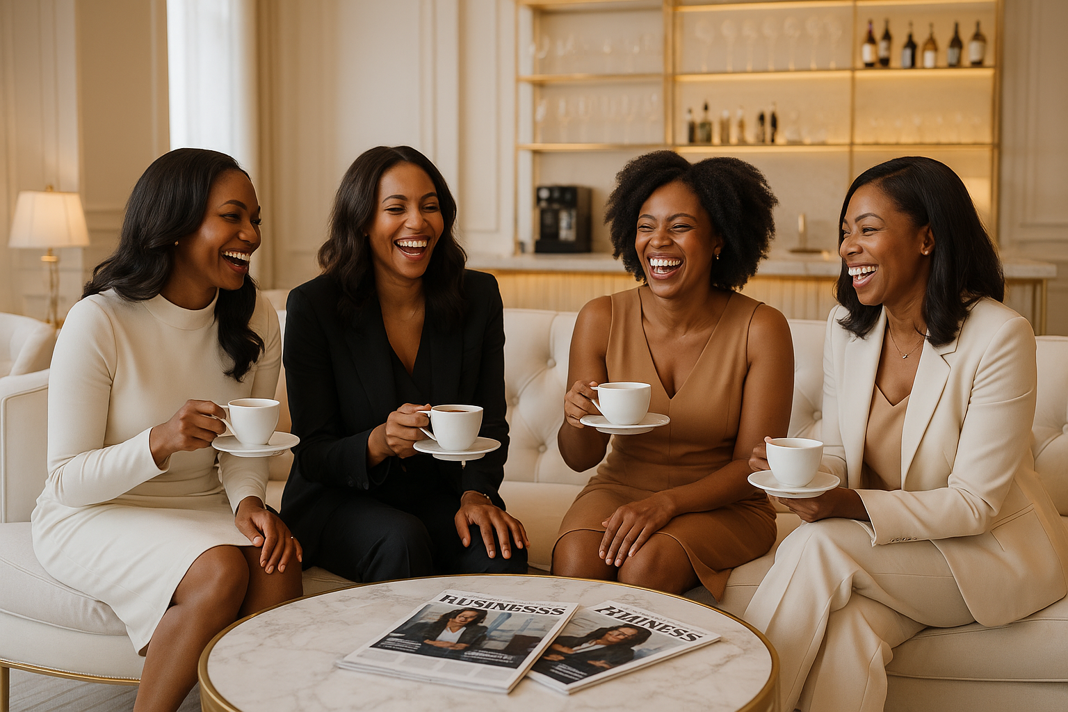 Display black women in an elegant white and gold office lounge area laughing happy drinking coughing with a coffee bar displayed in the background and a coffee table in between the women with business magazines on it
