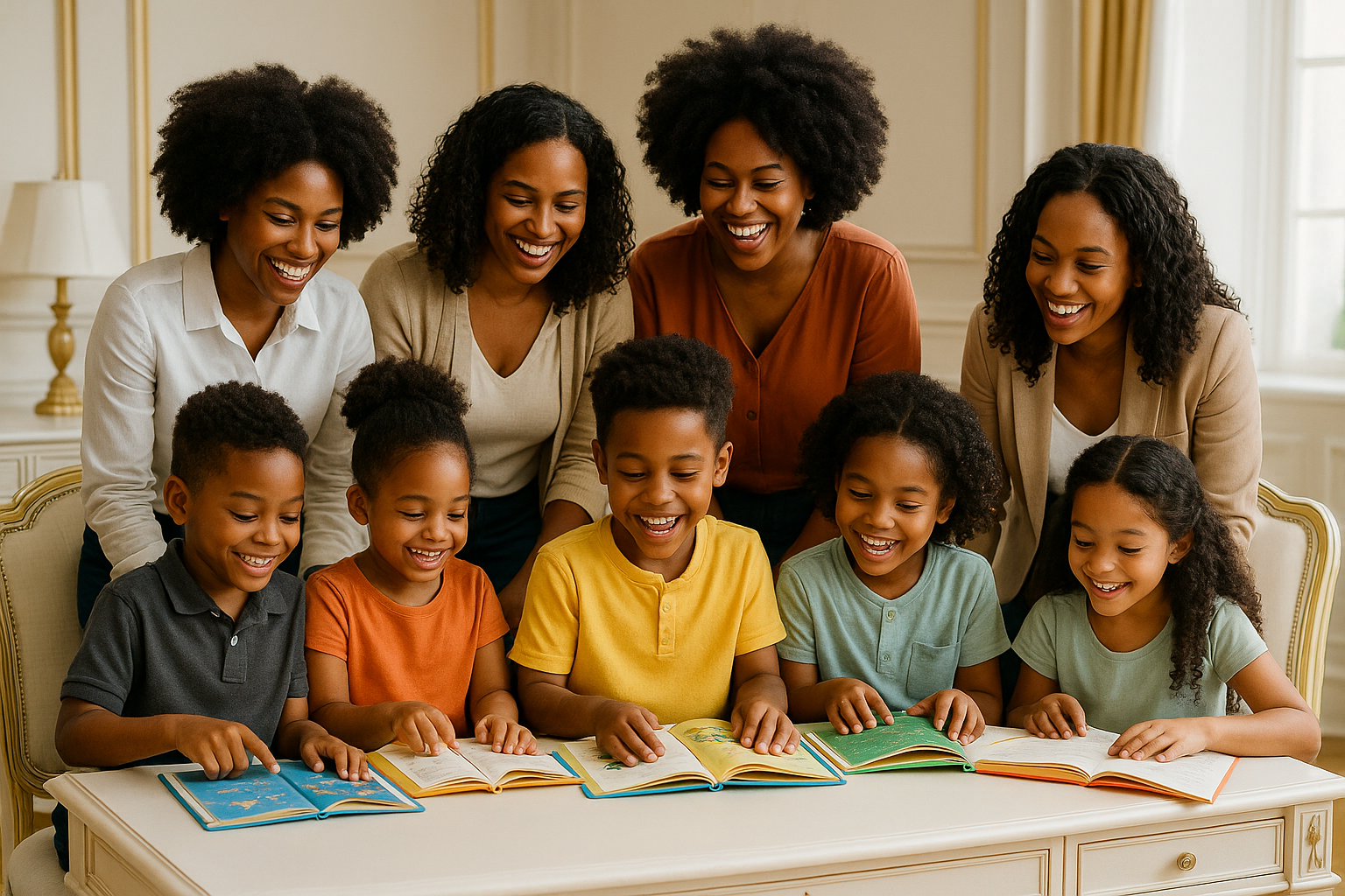 A group of happy smiling black woman gathered around a group of smiling happy black children who are reading books in a elegant white and gold office 