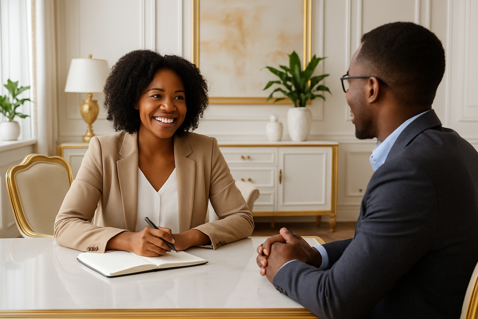 A  happy smiling black woman dressed in business casual clothing consulting a black client in a white and gold elegant business conference room Display beautiful decor in the background
