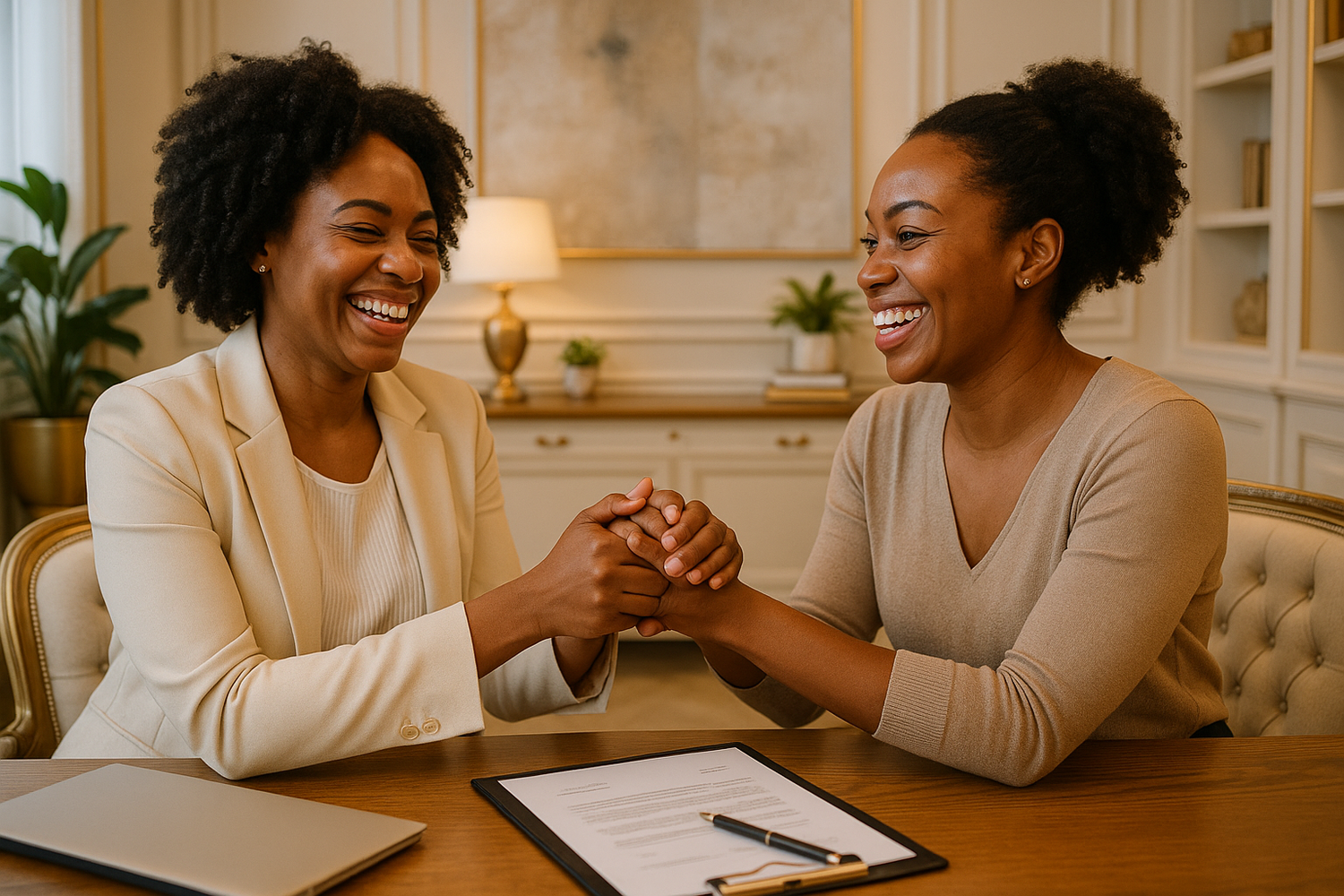A  happy smiling black woman dressed in business casual clothing holding another happy smiling black woman dressed casually hand in comforting and supportive manner after a business deal in a white and gold elegant business office both dressed in business. Display beautiful decor in the background