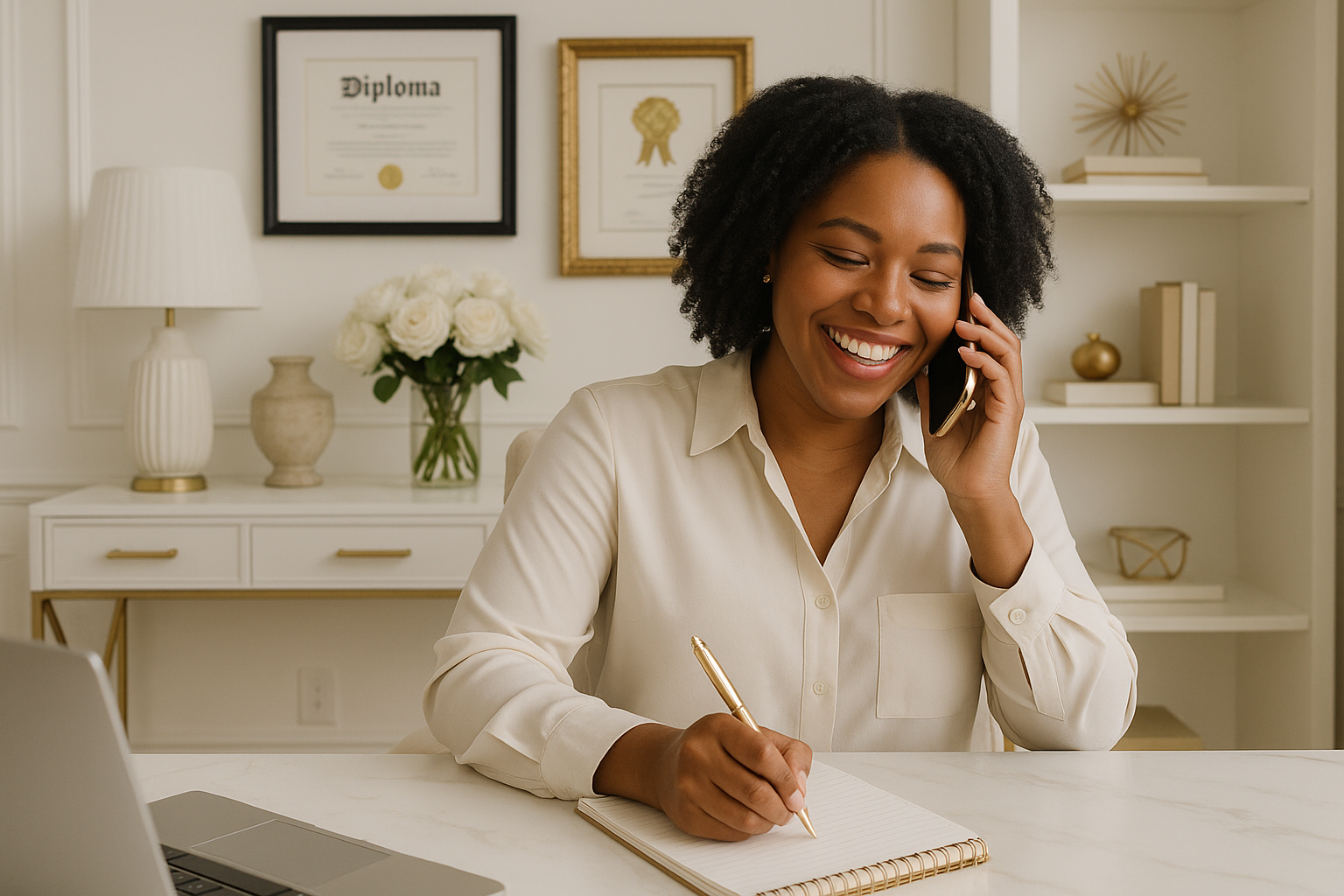 A happy smiling black woman dressed in business casual clothing on a phone call and taking notes in a white and gold elegant business office. Display beautiful decor, degrees, and awards in the background
