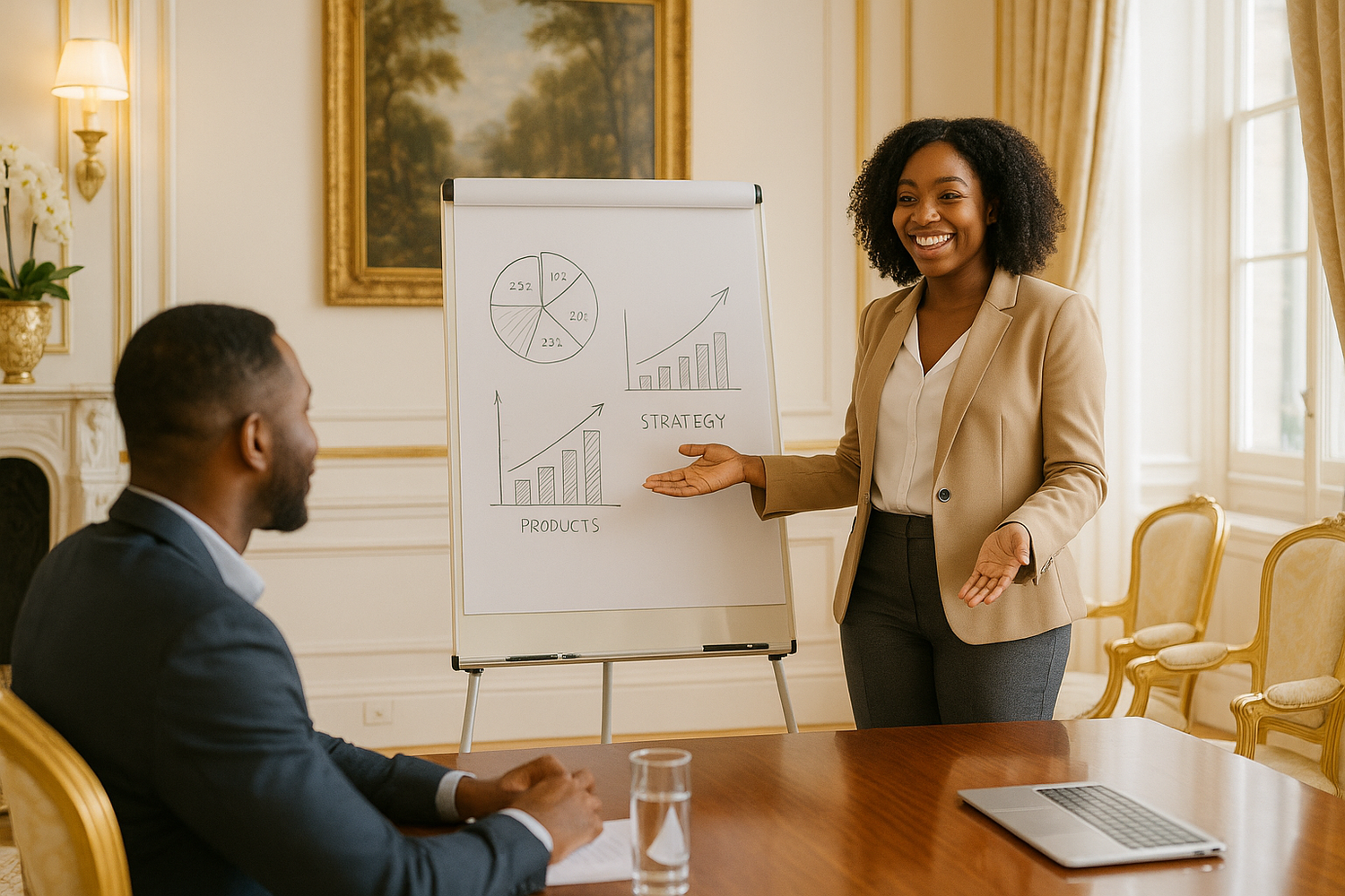 A  happy smiling black woman dressed in business casual clothing presenting business charts and strategies to a black client in a white and gold elegant business conference room Display beautiful decor in the background
