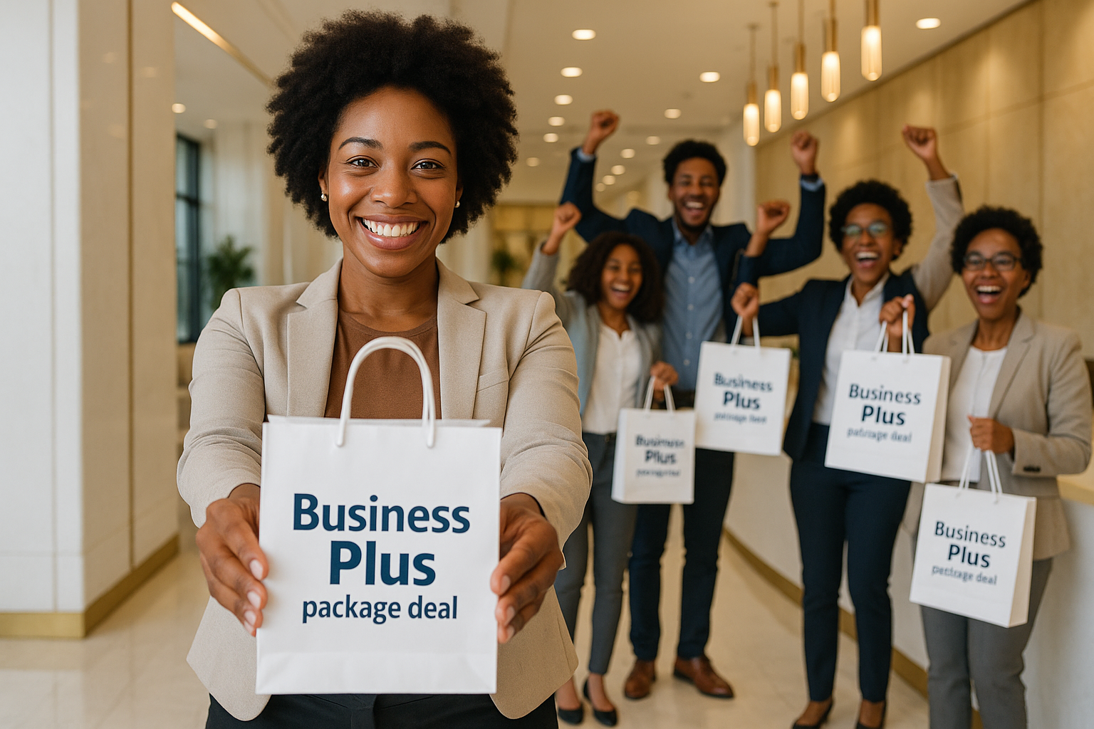 Black woman standing in business casual clothing in an white in gold business lobby smiling and happy holding a bag that says "Business Plus package deal" with her arms stretch out in front her offering the bag. In the background display a celebration and happy black clients holding similar bags. 