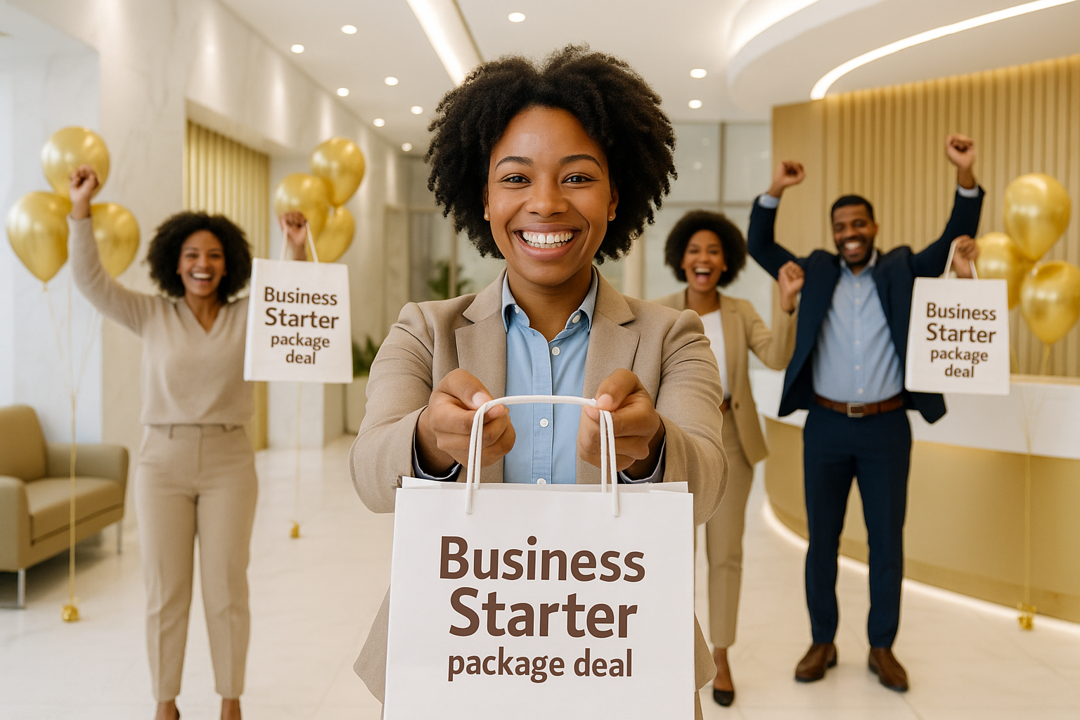 Black woman standing in business casual clothing in an white in gold business lobby smiling and happy holding a bag that says "Business Starter package deal" with her arms stretch out in front her offering the bag. In the background display a celebration and happy black clients holding similar bags. 
