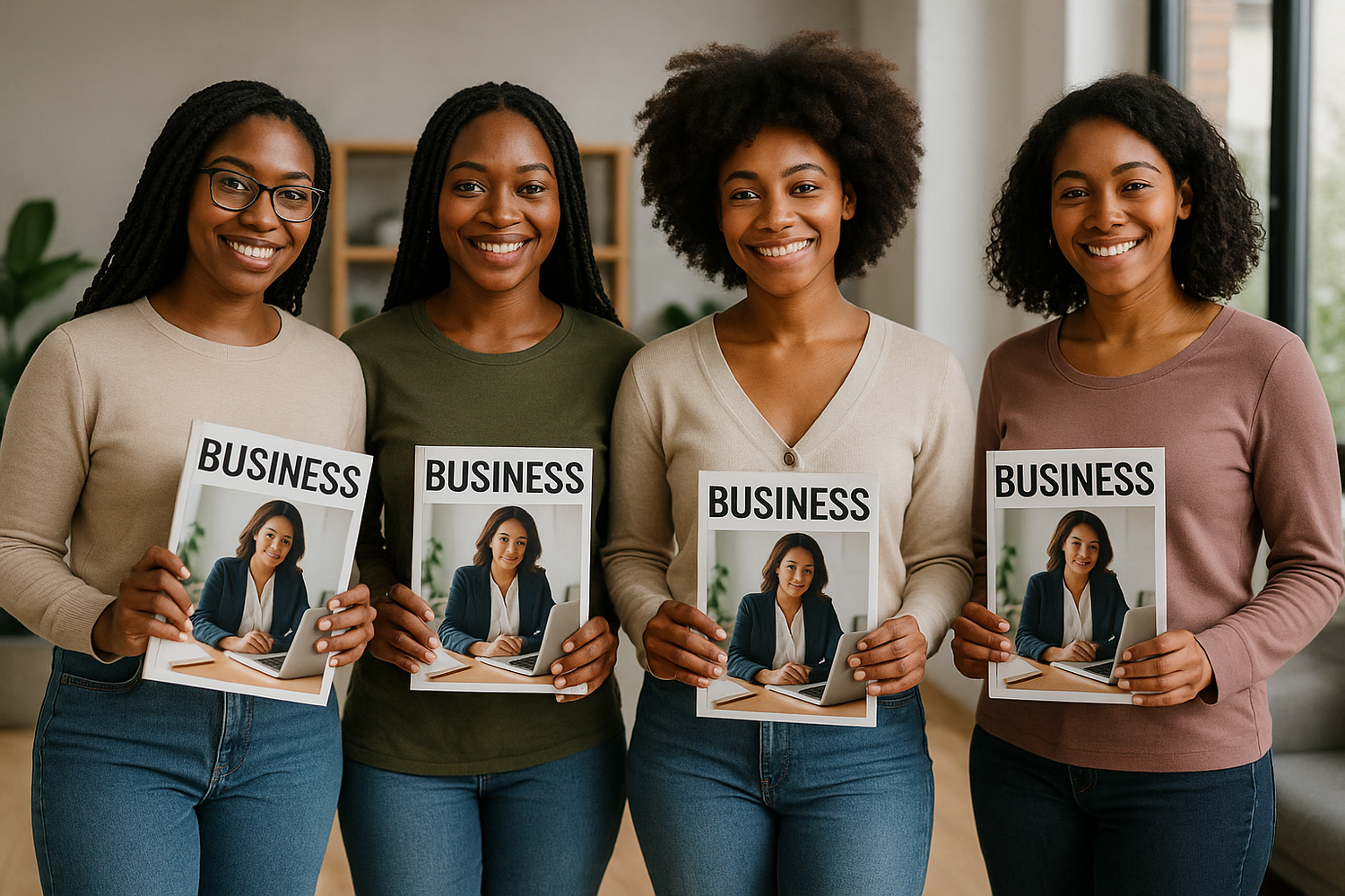 Black women standing dressed casually holding magazines that says "Business" 
