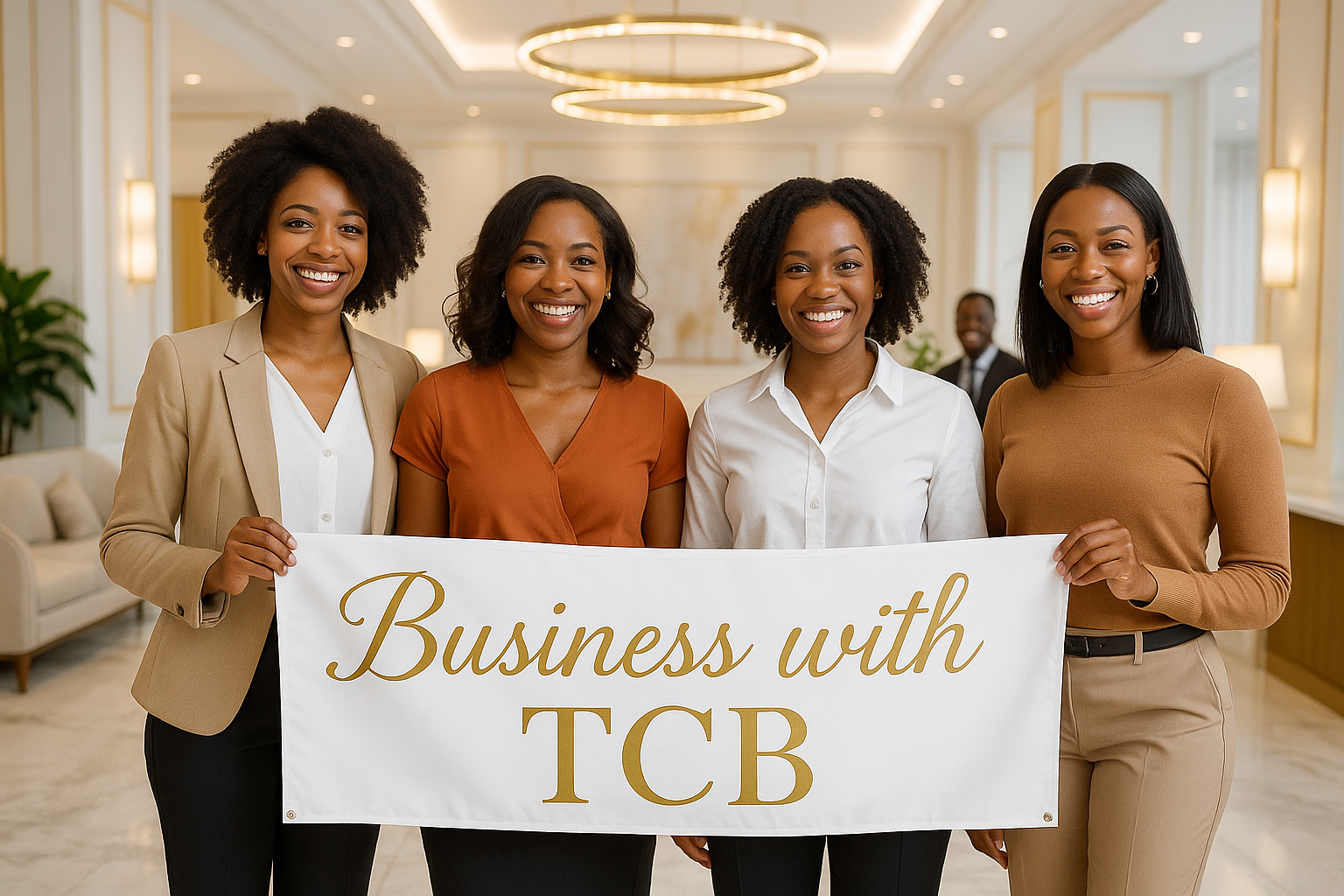 Black women standing dressed in business causal clothing in an elegant white and gold office lobby smiling and happy. Display the black women holding a white elegant banner "Business with TCB" type in gold script text. In the background show happy black clients 
